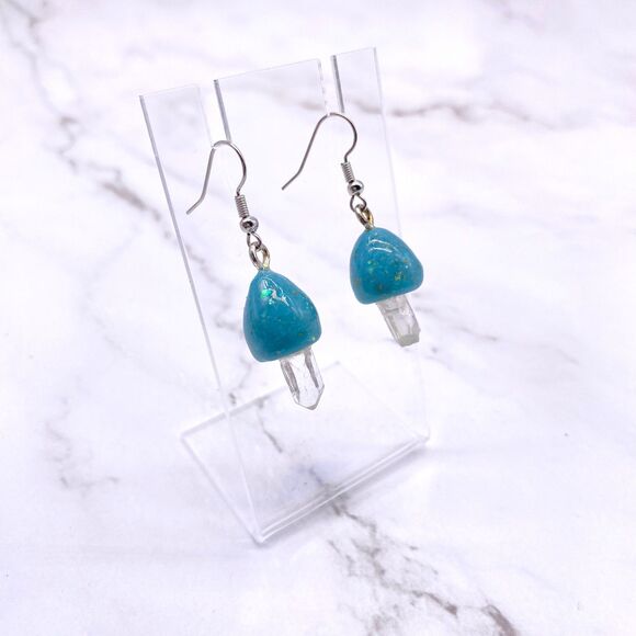 Blue Mushroom Quartz Crystal Dangle wire hook polymer Clay Earrings - Picture 3 of 10